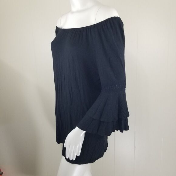 The Hanger blouse Large Black Off Shoulder tunic bell sleeve Peasant Soft Sexy - Picture 2 of 9